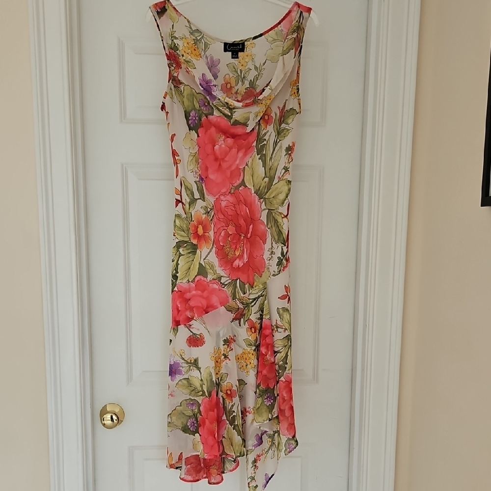 Cache Asymmetrical Floral Dress in Pink and Green
